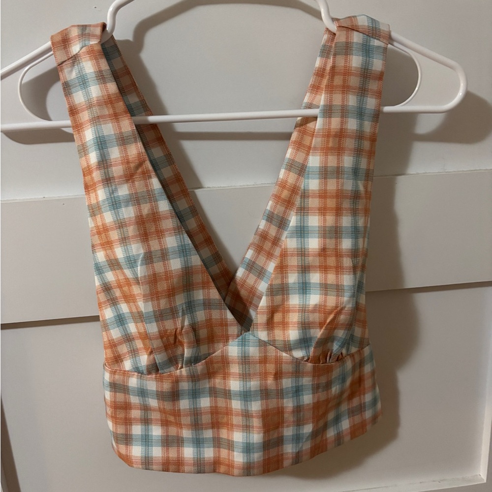 La Hearts Checkered Crop Top in Orange and Blue